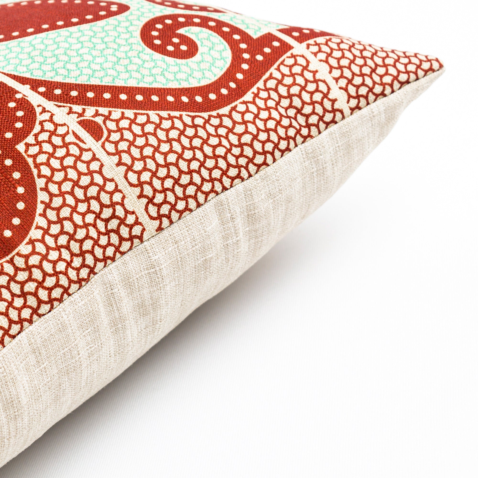 OBJECT: SPIRIT OF BASOTHO TERRACOTTA & MINT BANDED GEOMETRIC CUSHION COVER // REF: PW-SS-PL200
