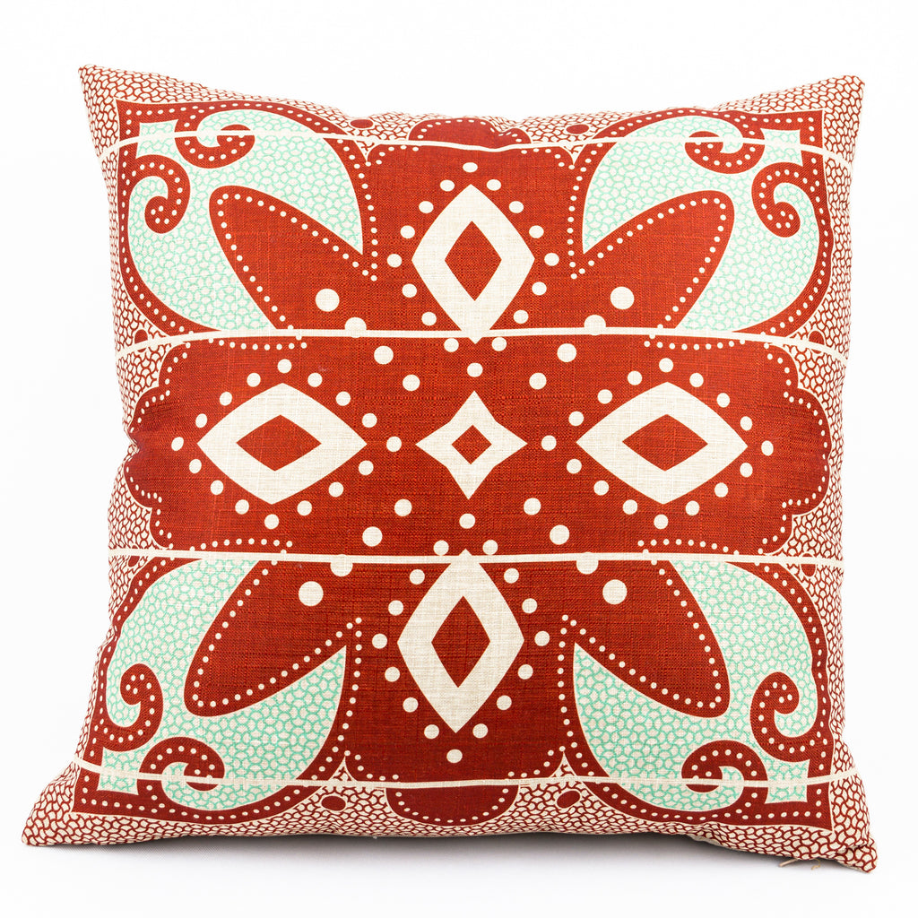 OBJECT: SPIRIT OF BASOTHO TERRACOTTA & MINT BANDED GEOMETRIC CUSHION COVER // REF: PW-SS-PL200