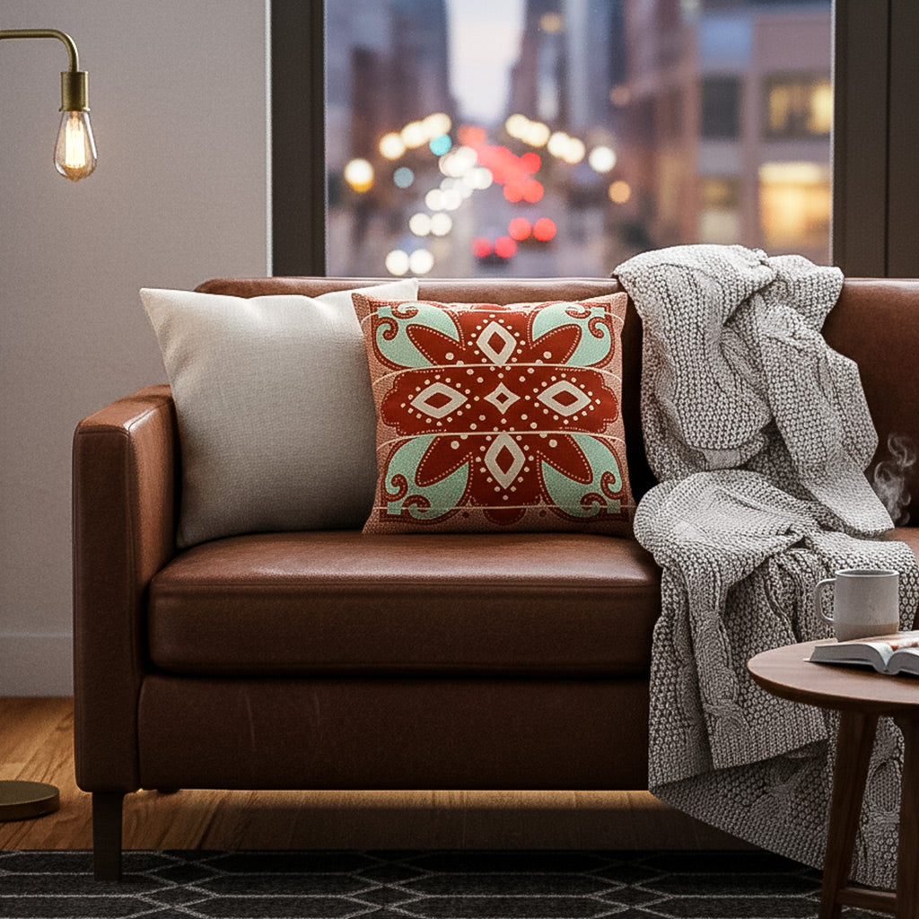 OBJECT: SPIRIT OF BASOTHO TERRACOTTA & MINT BANDED GEOMETRIC CUSHION COVER // REF: PW-SS-PL200